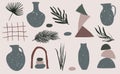 Set of sixteen vintage abstract elements: plants, jugs, vases, stones, geometric shapes.